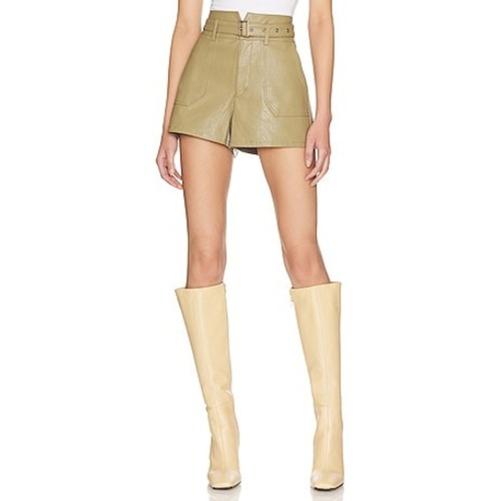 Paige Jonas Short Dark Brushed Olive Faux Leather Belted High Rise Size 4 NWOT!